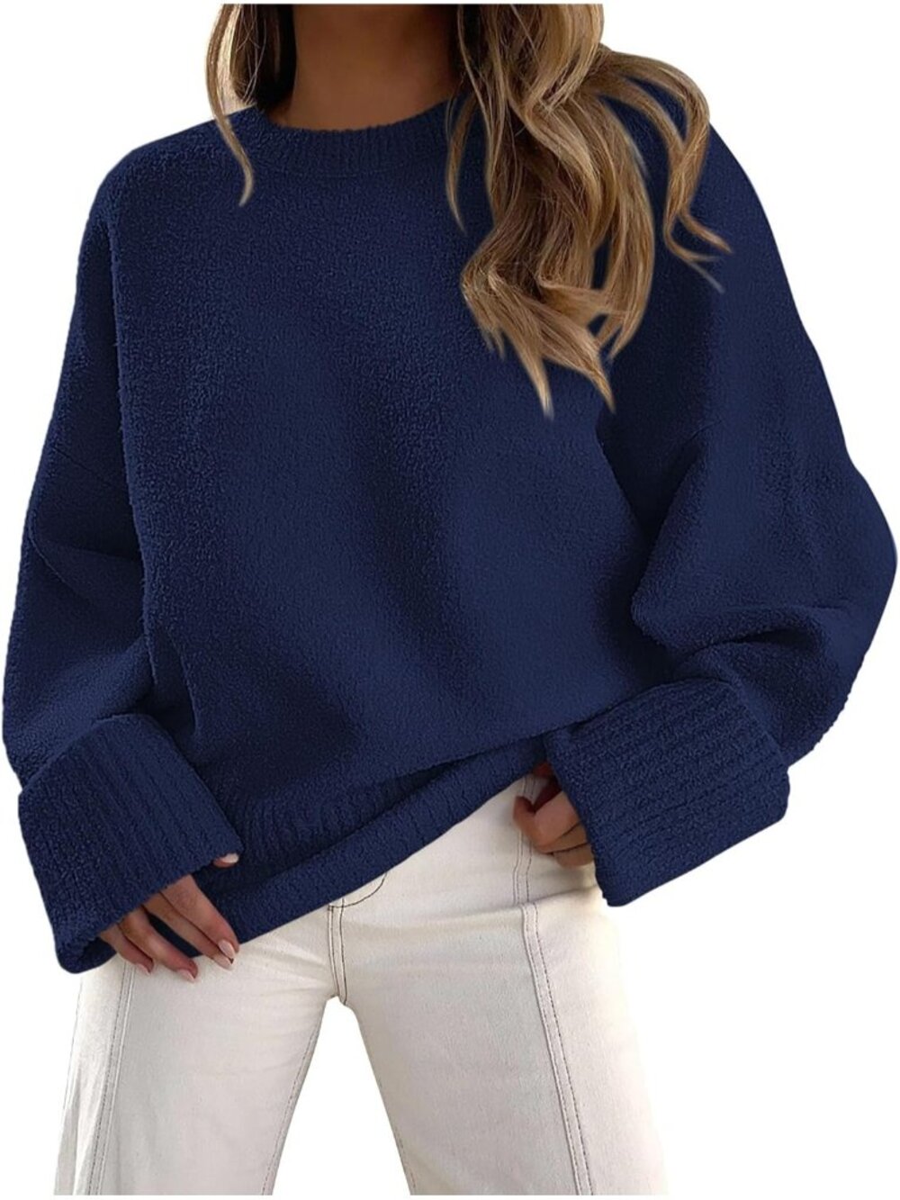 Women's Navy Blue Chunky Ribbed Knit Cozy Oversized Fuzzy Crewneck Cuff Sweater